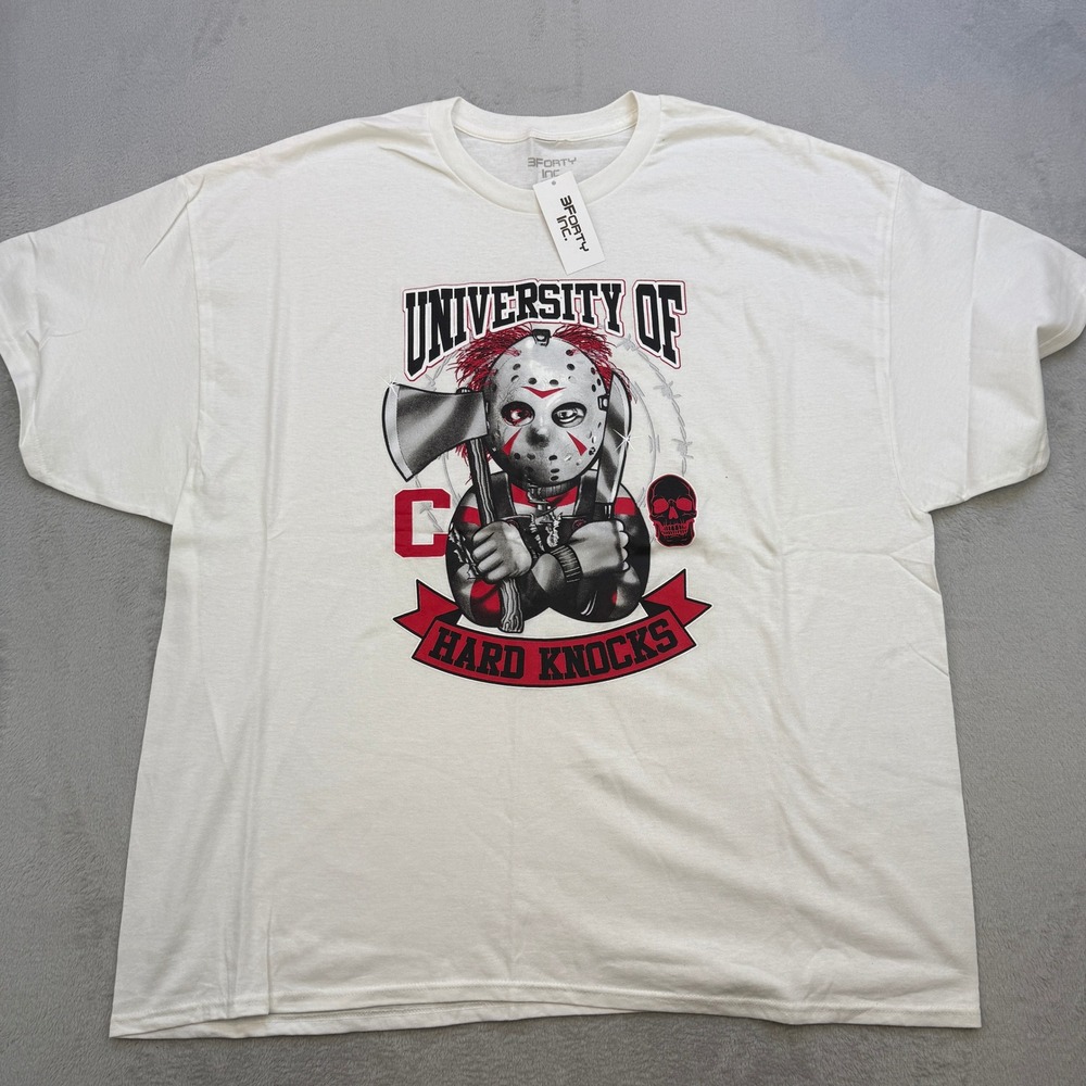 3Forty Inc Graphic T Shirt Mens 3XL White University Hard Knocks Horror Slasher